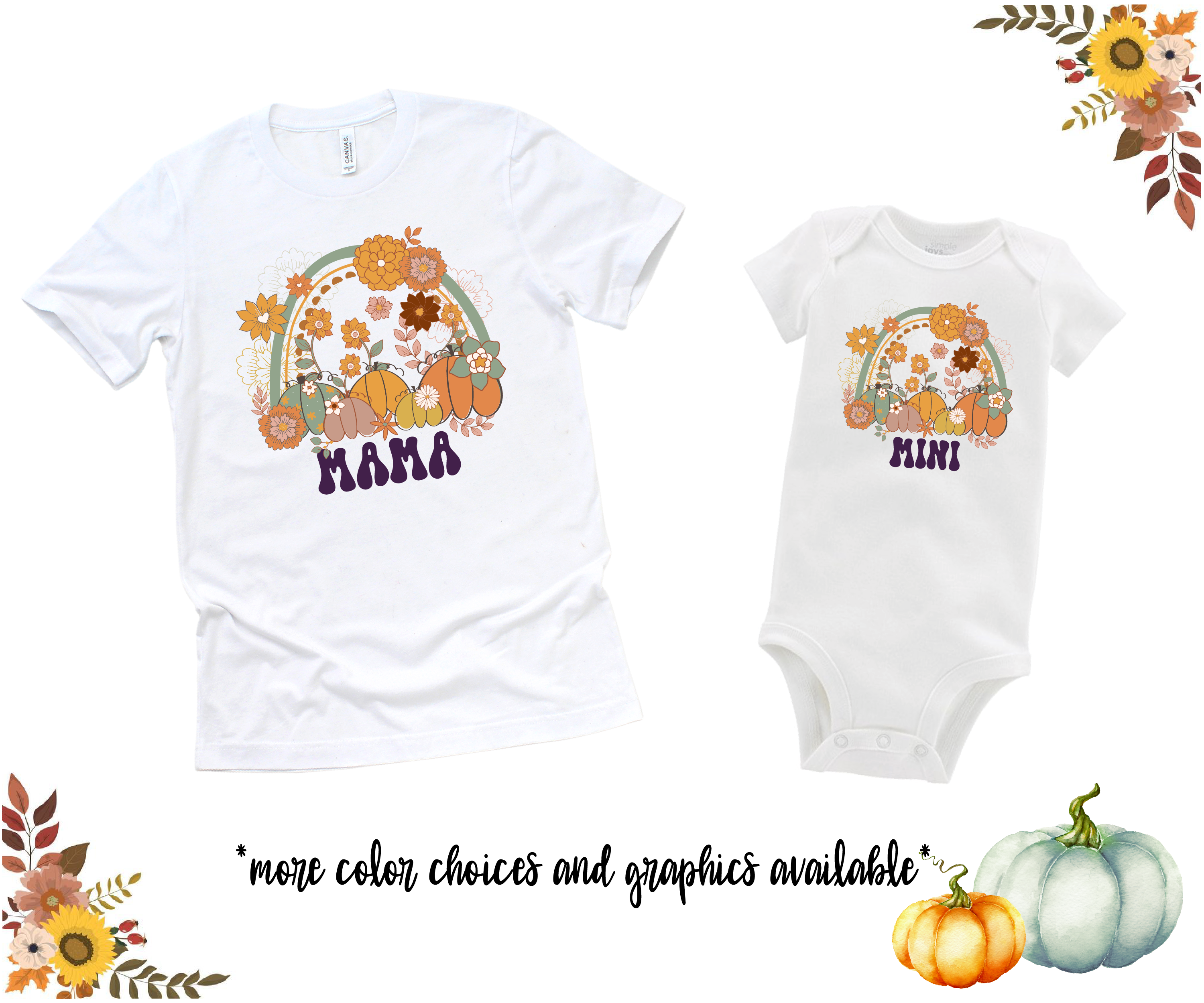 Mama Mini Fall Pumpkin Vibes Retro Matching Tees