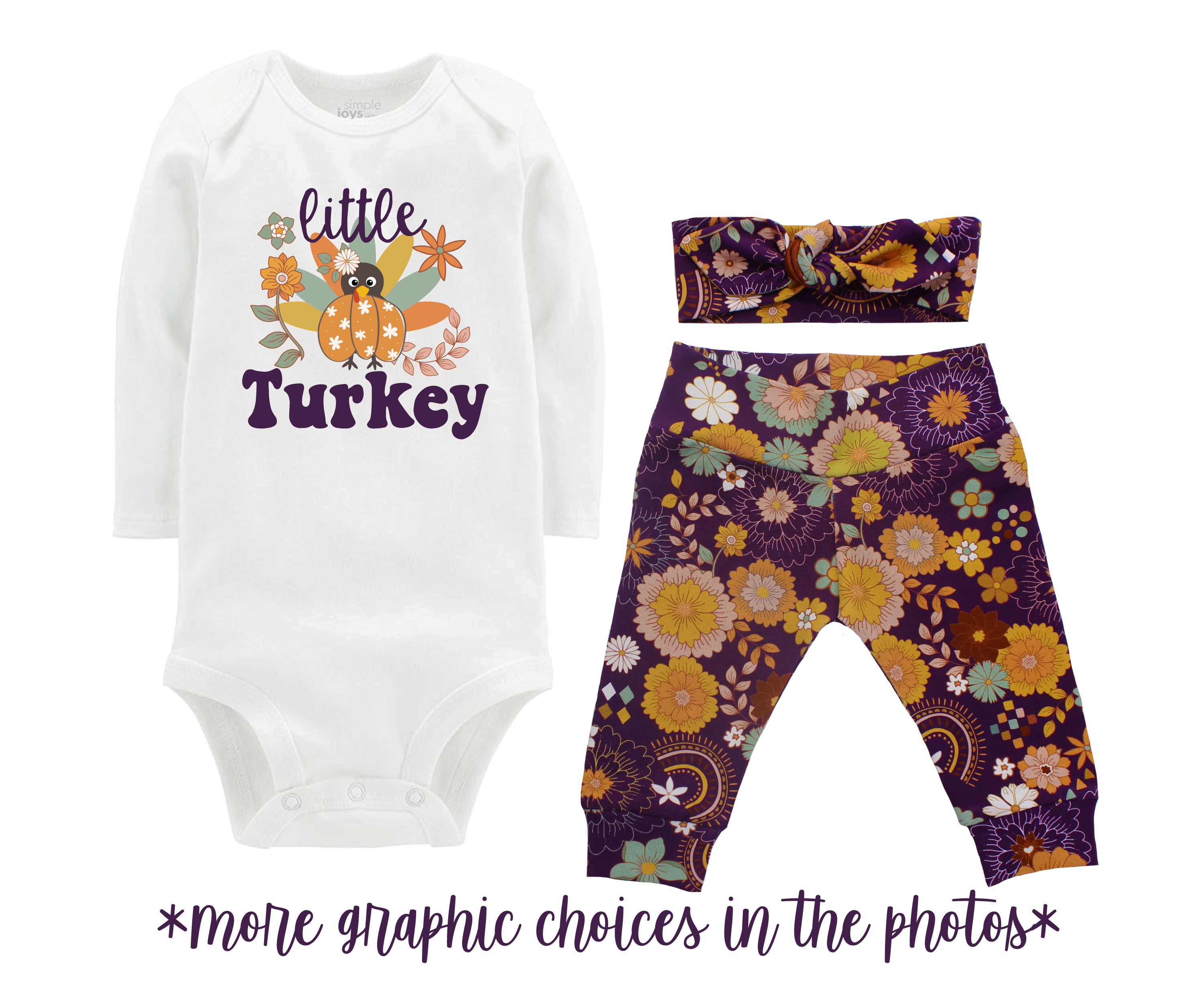 Thanksgiving Little Turkey Retro Boho Purple Floral Baby Outfit