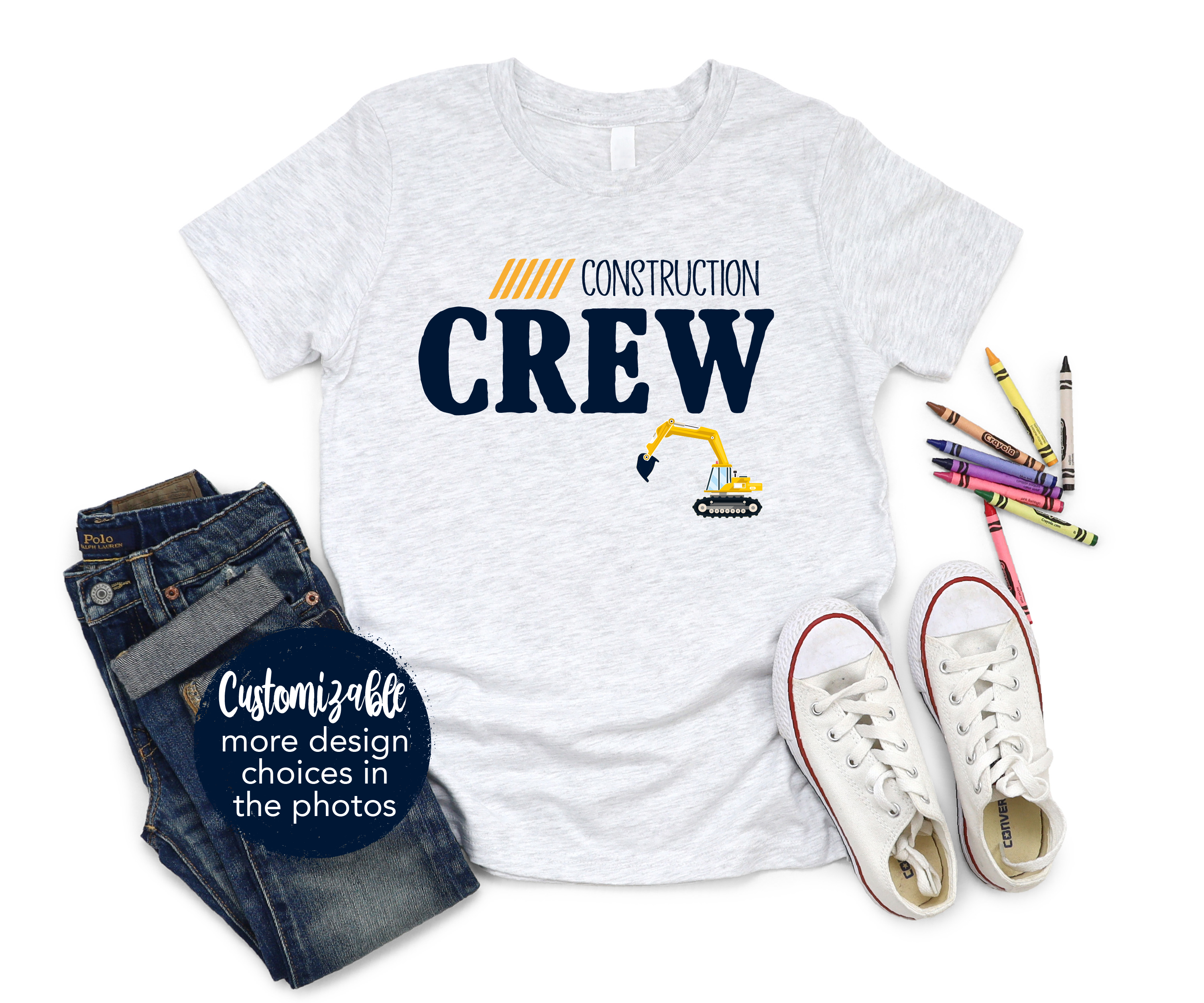 Construction Crew Shirt Trucks Equipment Excavator Toys Dump Truck Backhoe Grader Digging Concrete Infant Toddler Youth Shirt