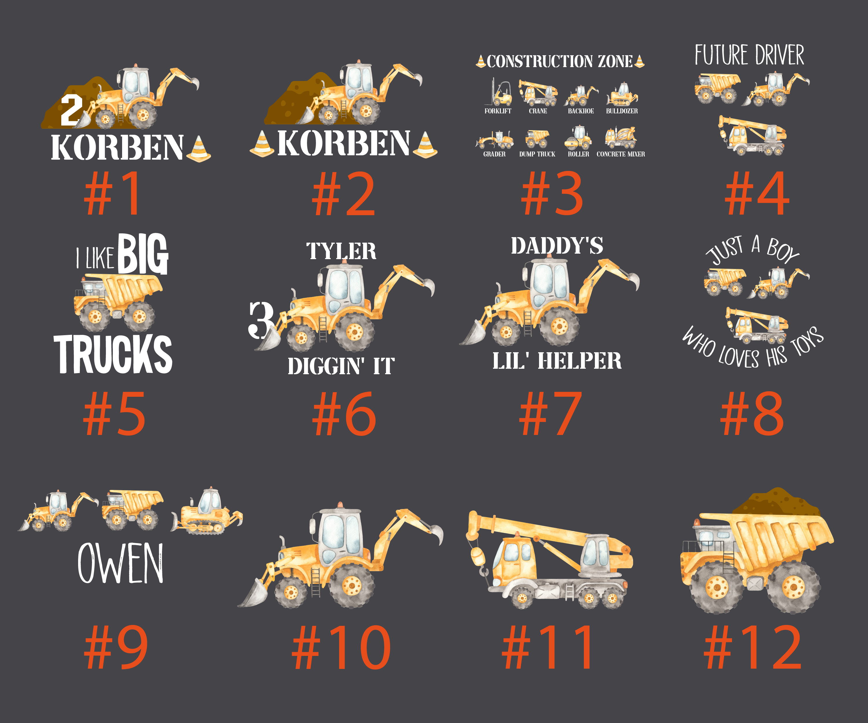 Boy Construction Shirt Trucks Equipment Excavator Toys Dump Truck Backhoe Grader Digging Concrete Infant Toddler Youth Shirt