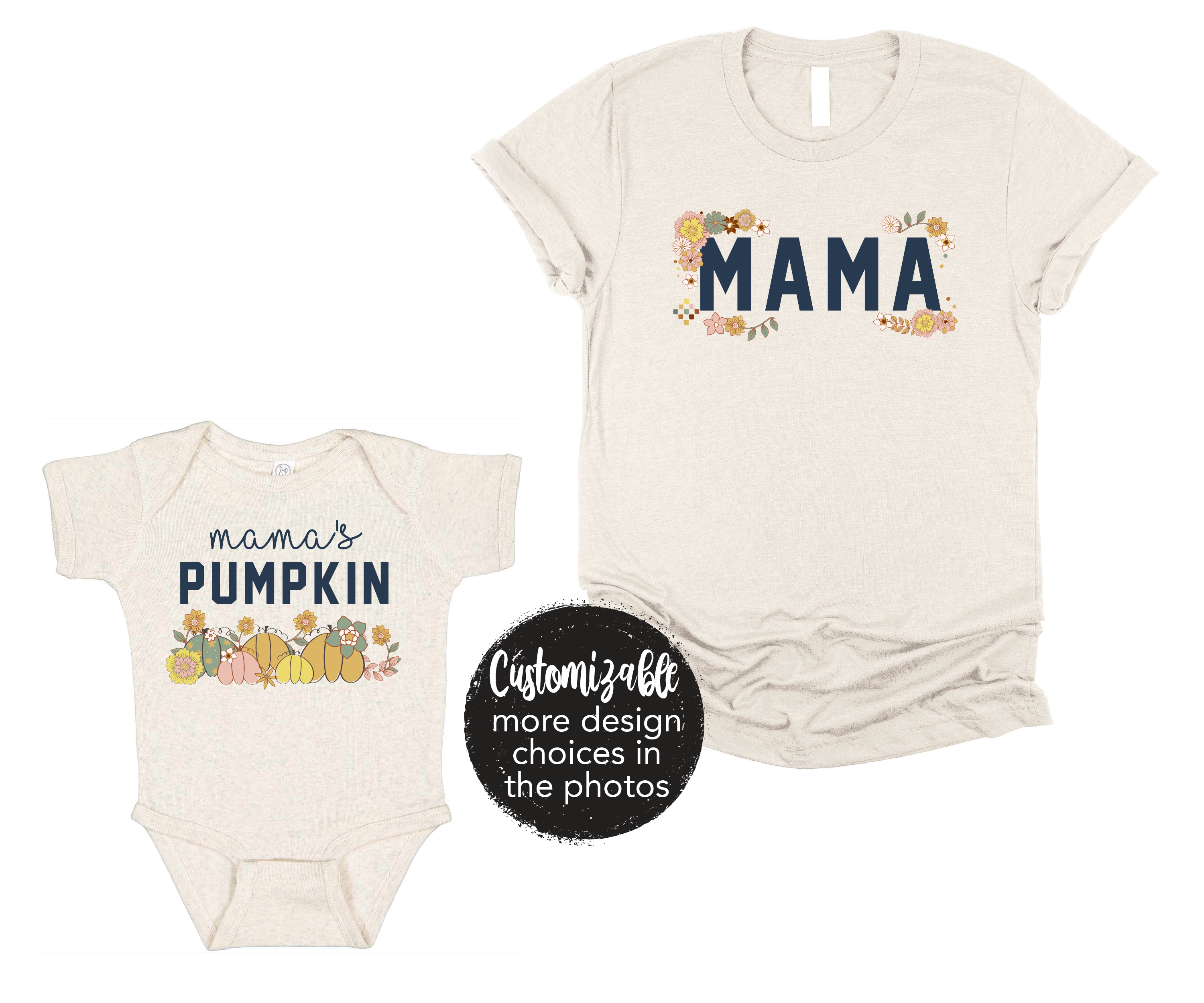 Retro Mama Pumpkin Boho Floral Design Women's Shirt Mama and Mini Matching