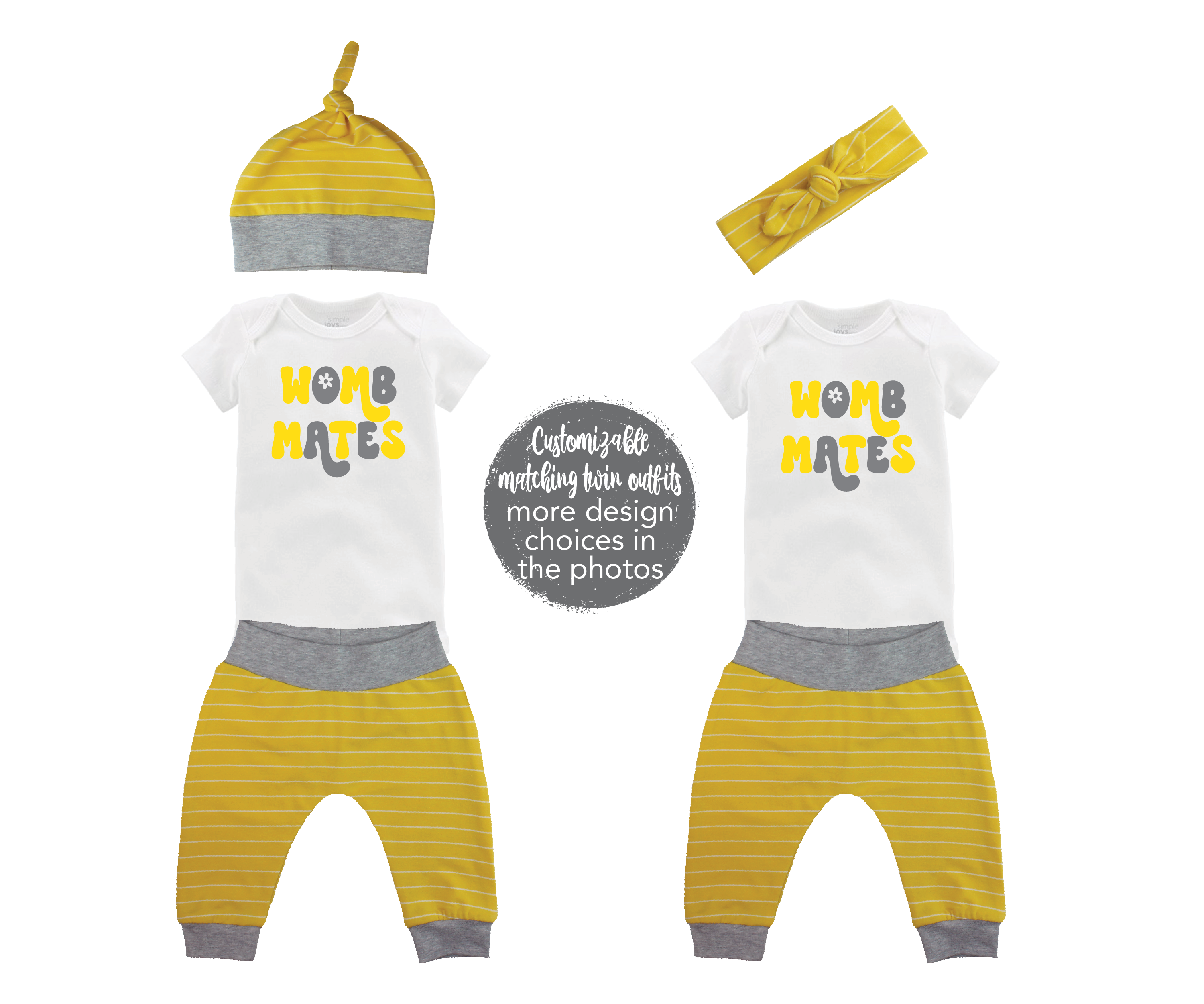 Womb Mates Twin Unisex Yellow Stripe Outfit Dynamic Duo Oldest Youngest Friends Forever Baby Coming Home Outfit
