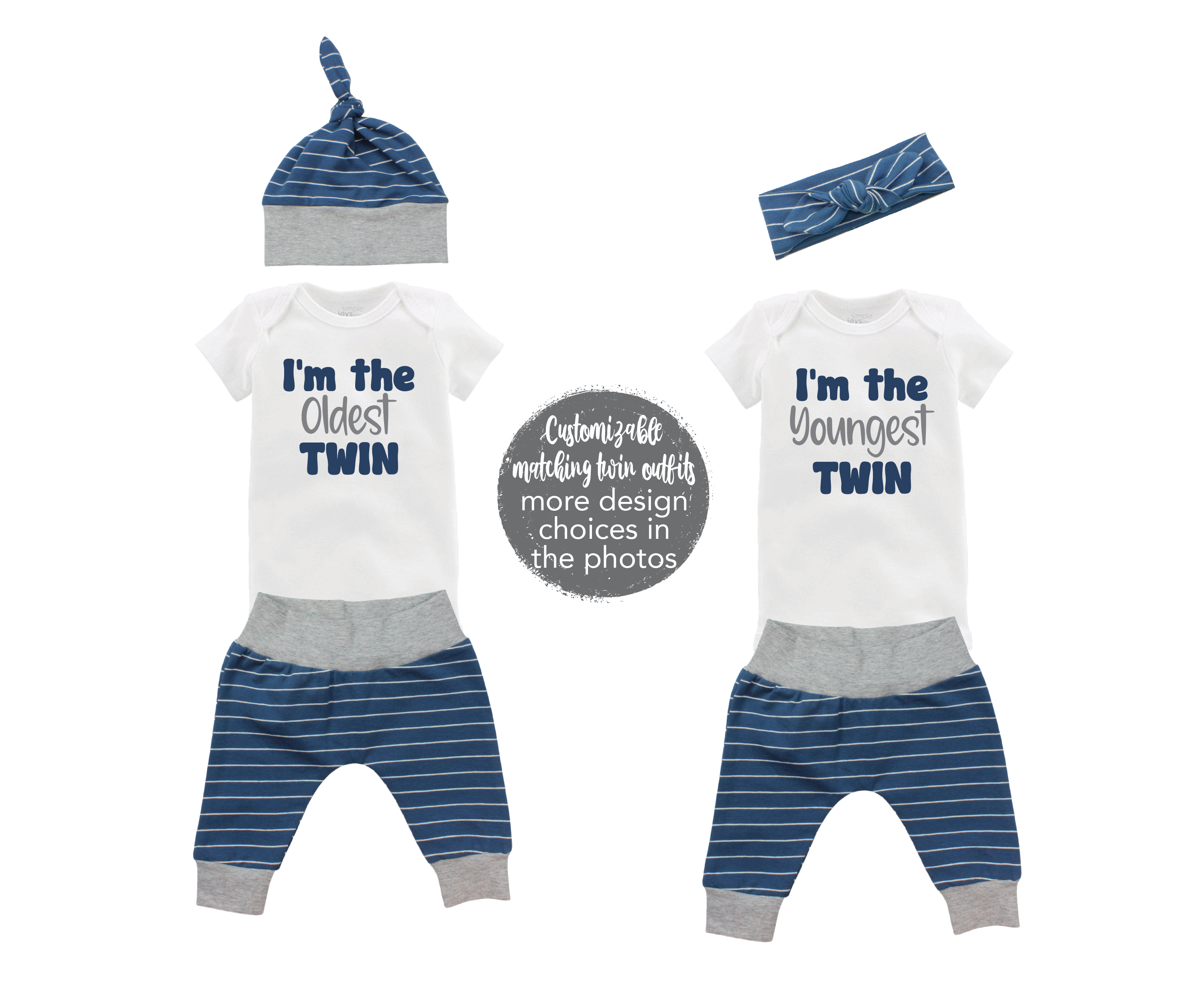 Dynamic Duo Twin Boy Blue Stripes Outfit Oldest Youngest Friends Forever Baby Coming Home Outfit