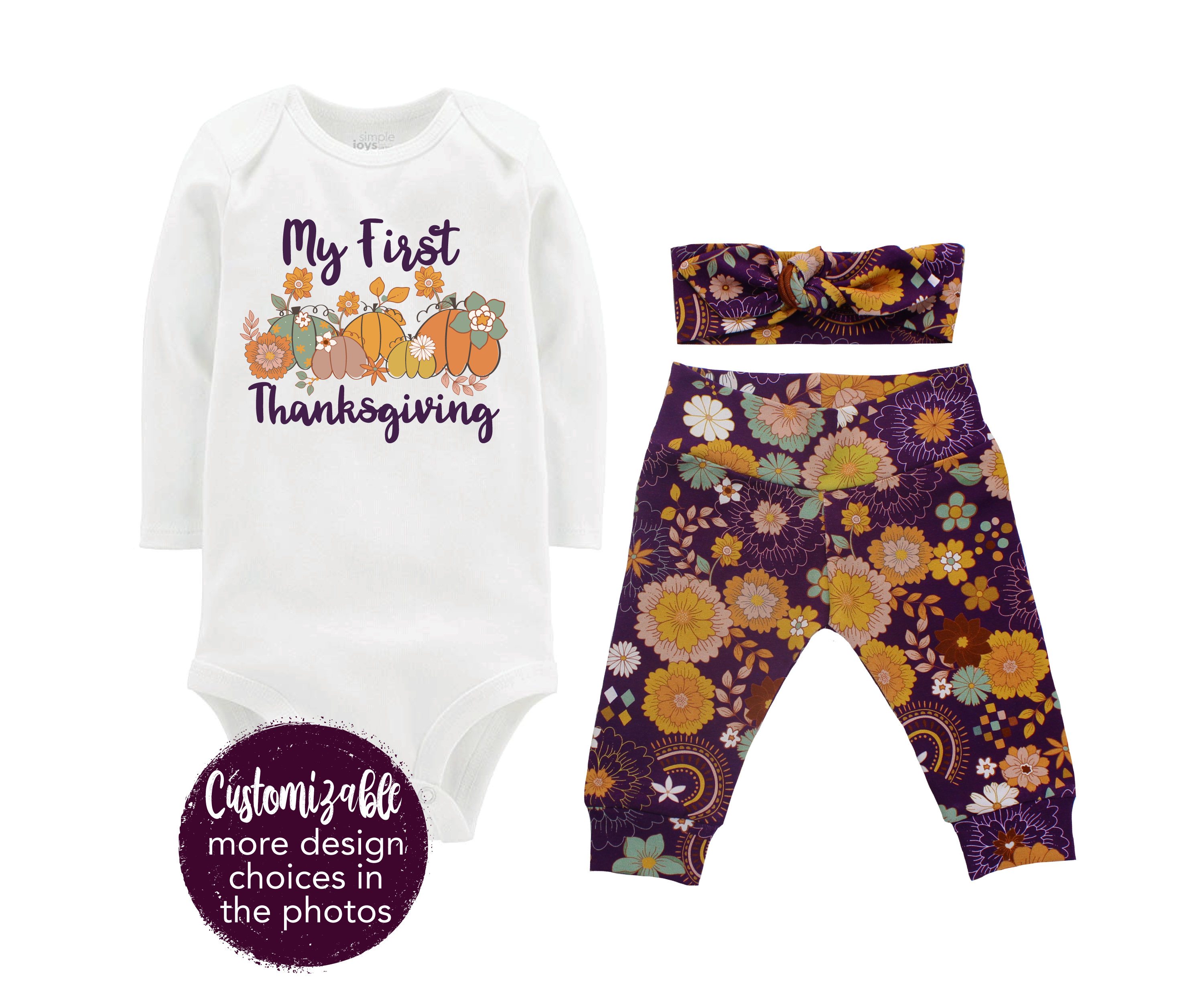 Thanksgiving Little Turkey Retro Boho Purple Floral Baby Outfit