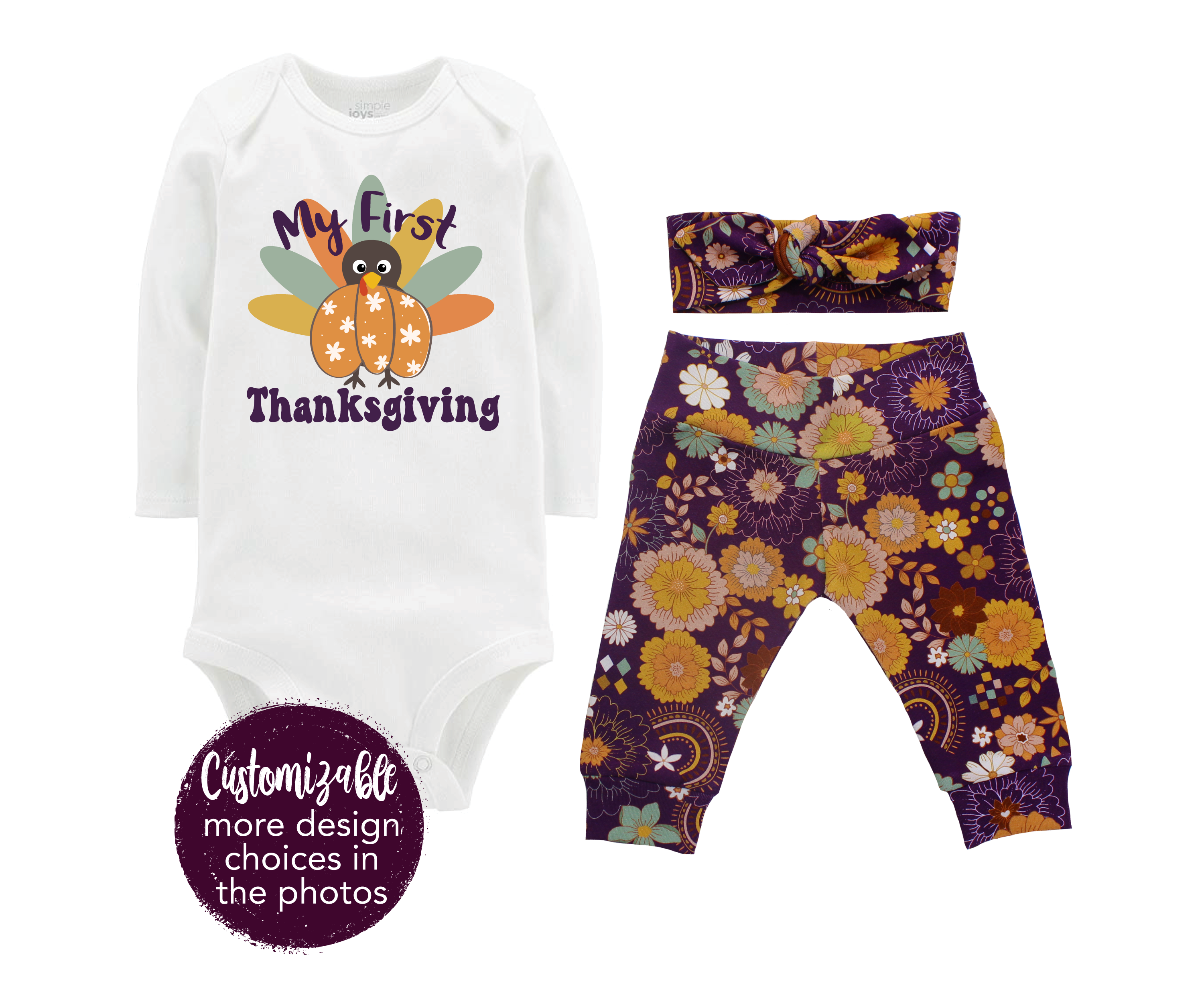 Thanksgiving Little Turkey Retro Boho Purple Floral Baby Outfit