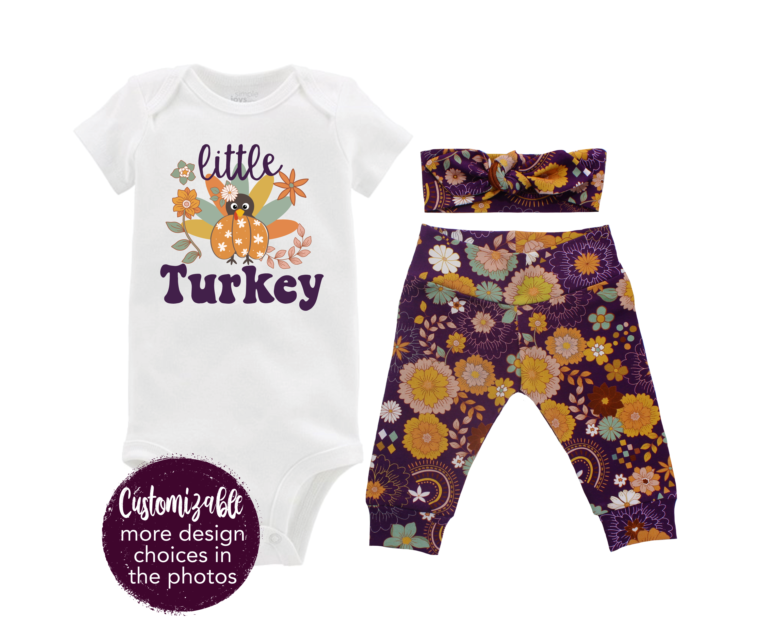 Thanksgiving Little Turkey Retro Boho Purple Floral Baby Outfit