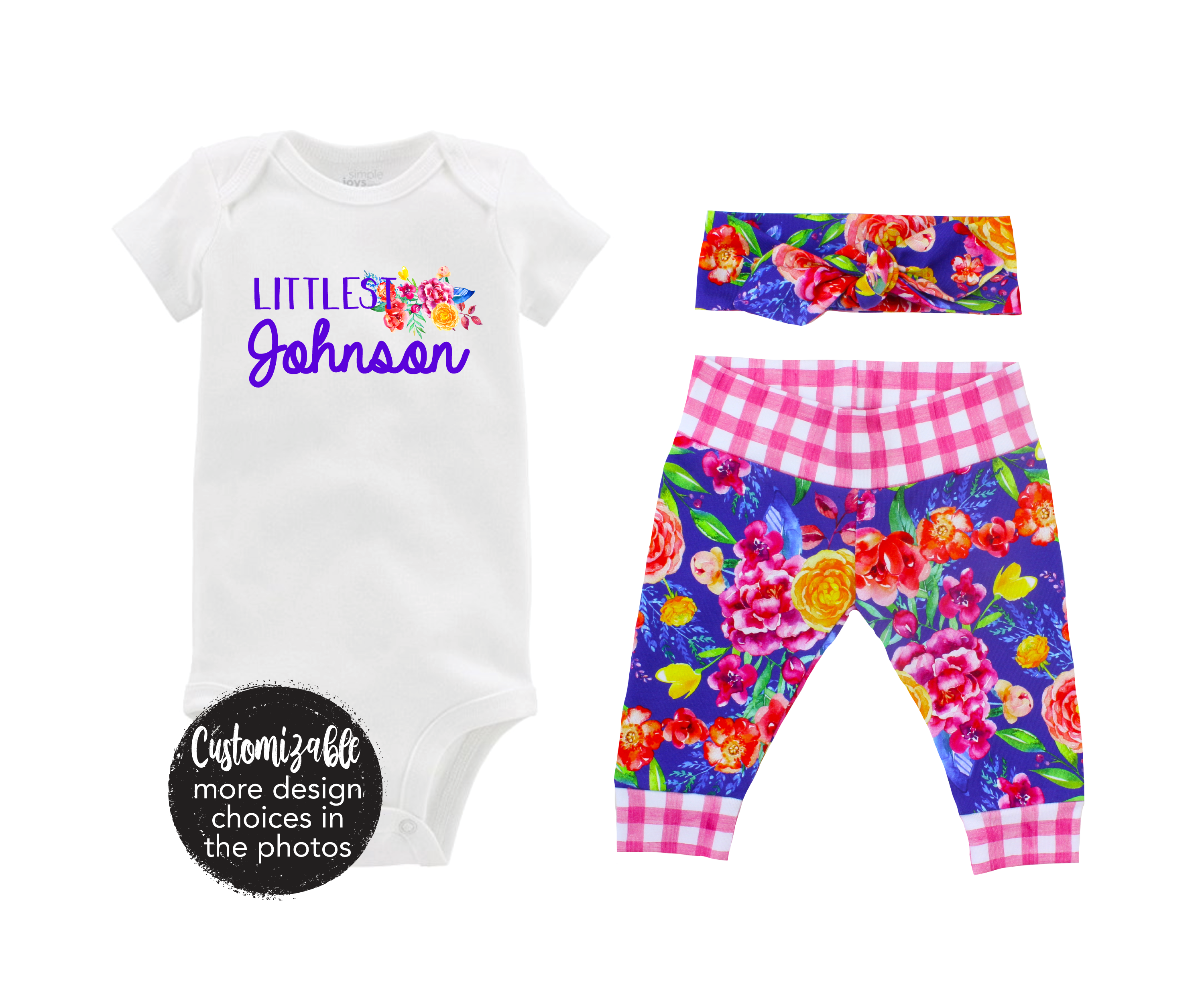 Littlest Last Name Personalized Summer Floral Purple White Pink Gingham Spring Baby Outfit