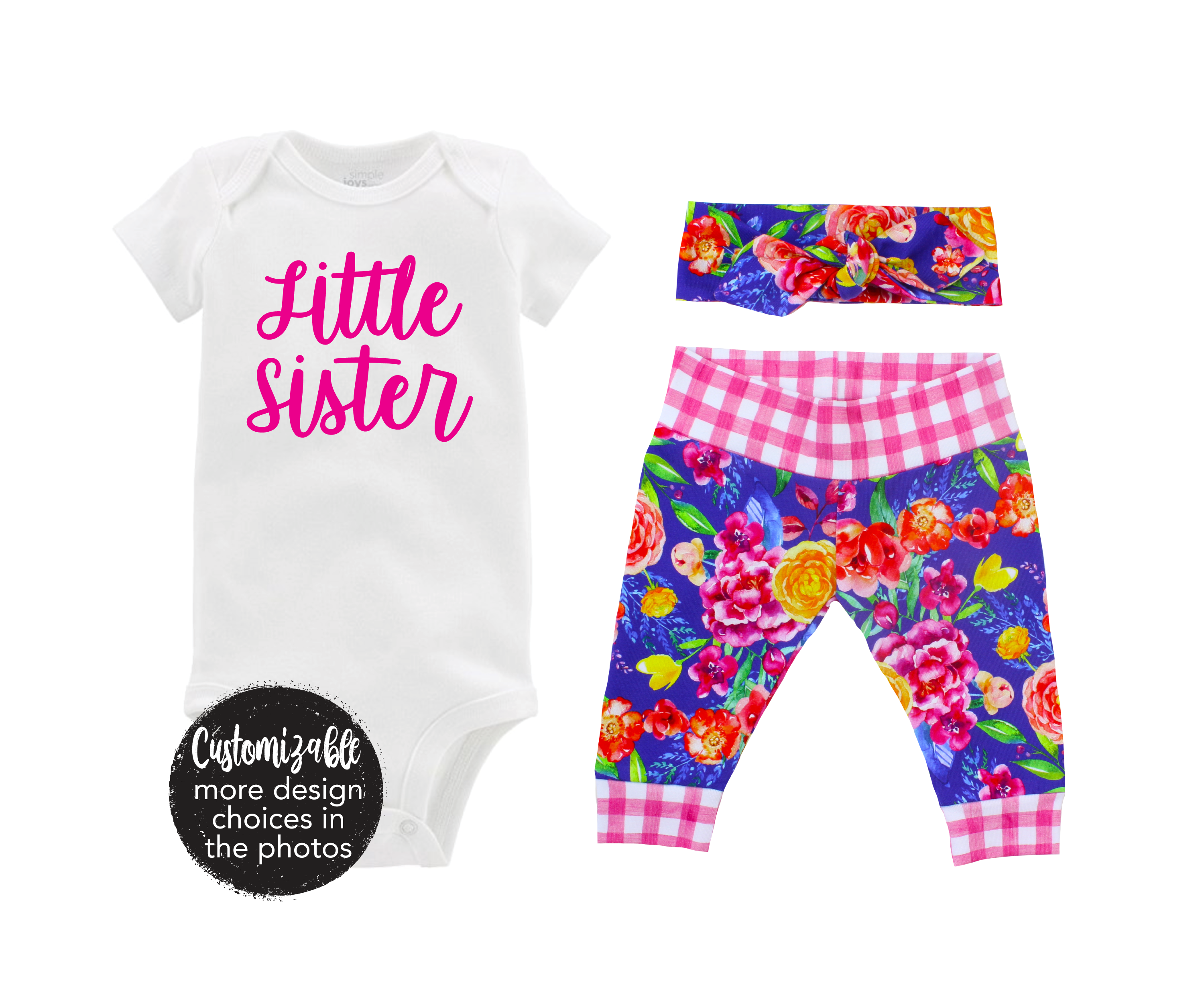 Personalized Summer Floral Purple White Pink Gingham Spring Baby Outfit