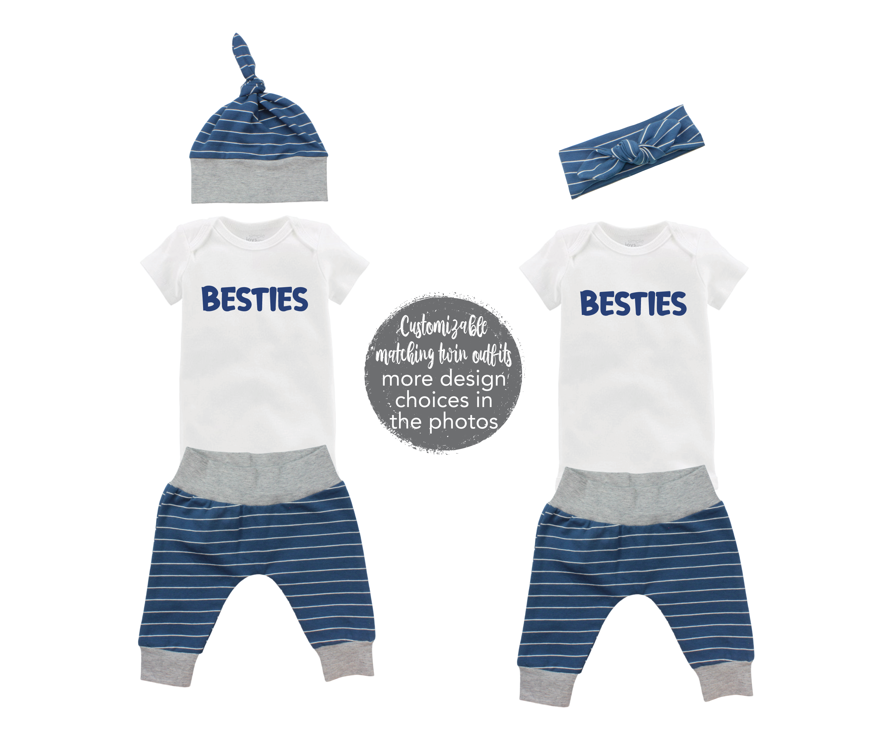 Dynamic Duo Twin Boy Blue Stripes Outfit Oldest Youngest Friends Forever Baby Coming Home Outfit