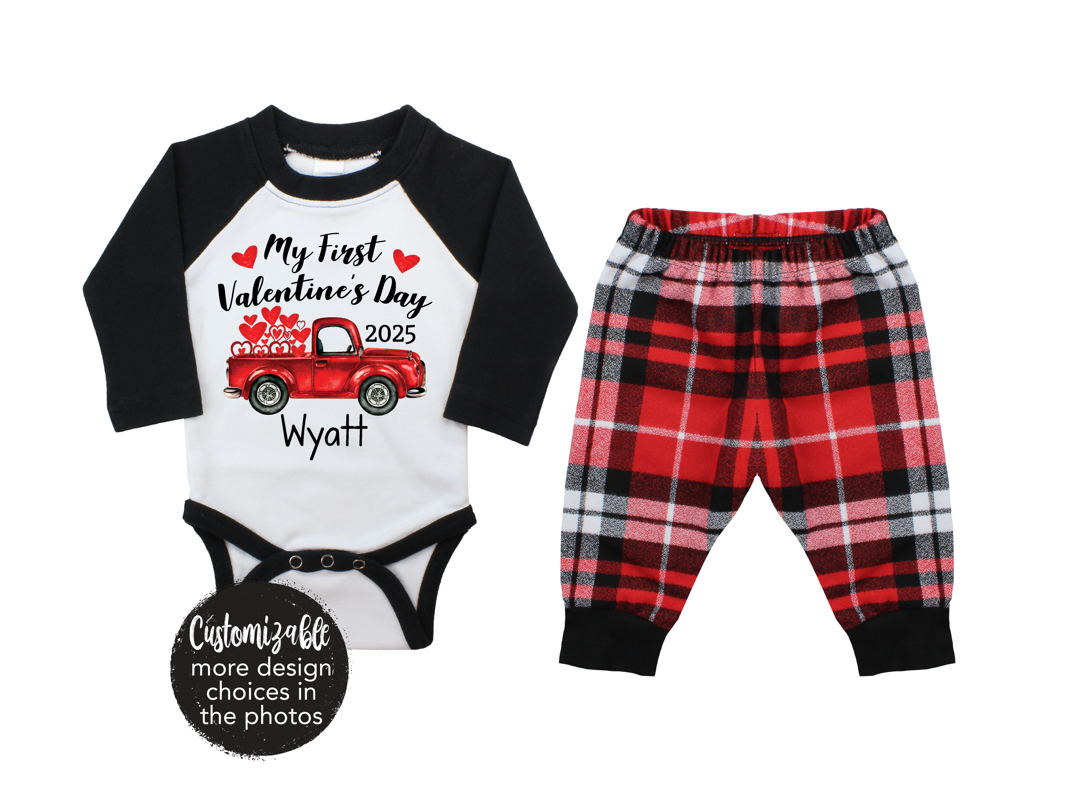 My First Valentine's Day Black Red White Flannel Boy Outfit