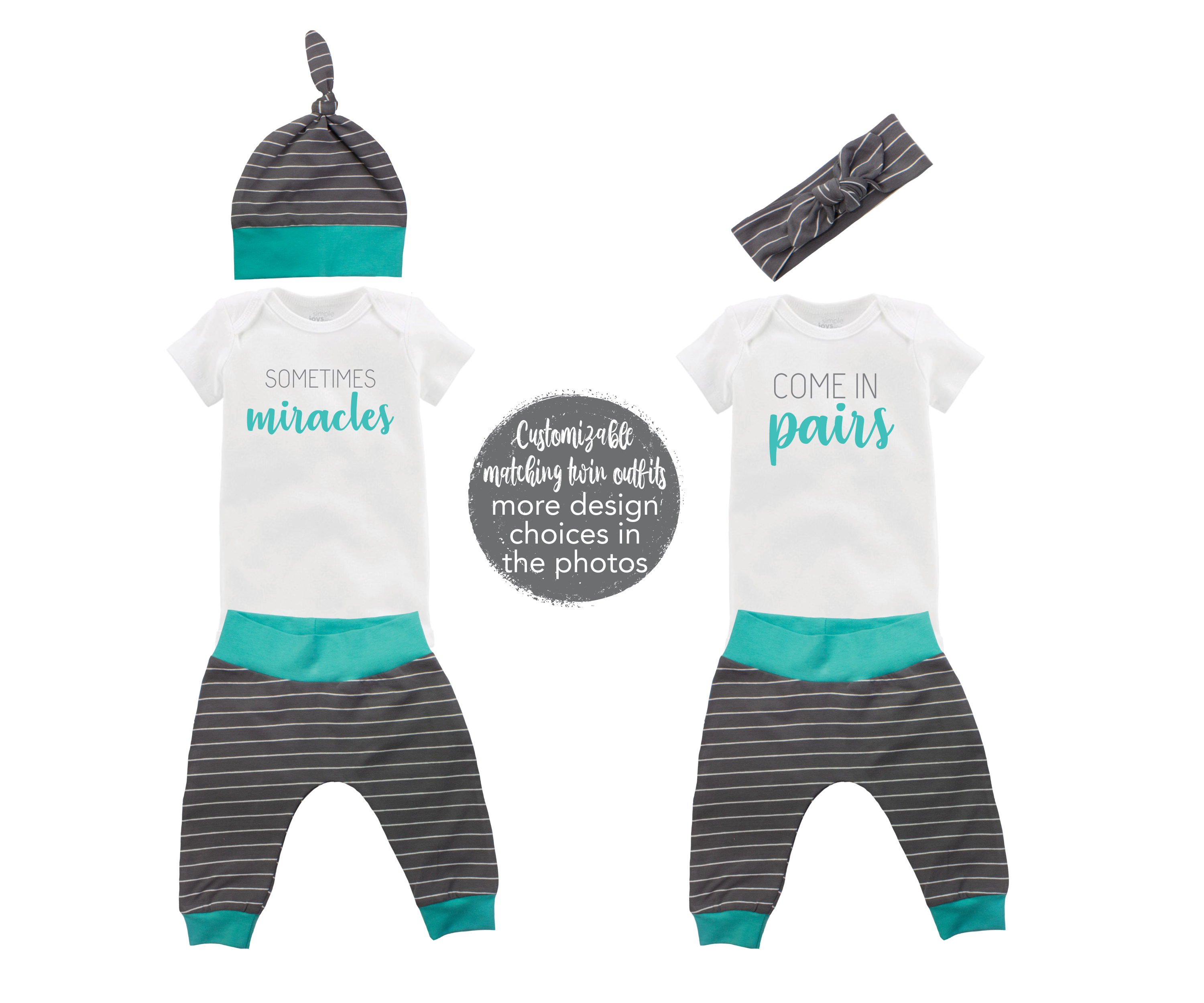Sometimes Miracles Come in Pairs Twin Unisex Gray Stripe Teal Outfit Dynamic Duo Oldest Youngest Friends Forever Baby Coming Home Outfit