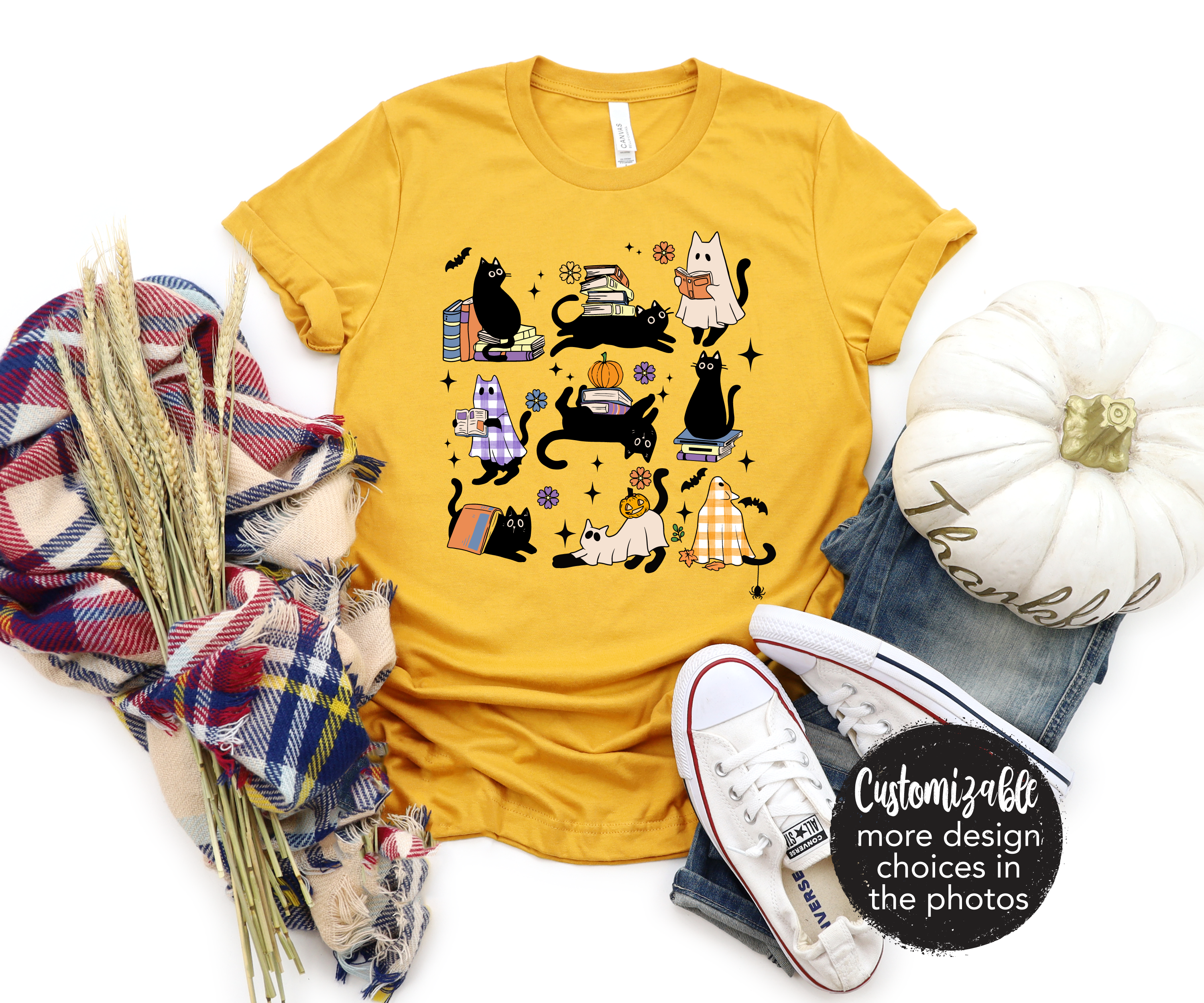 Ghost Cat Halloween Book Pumpkin Shirt