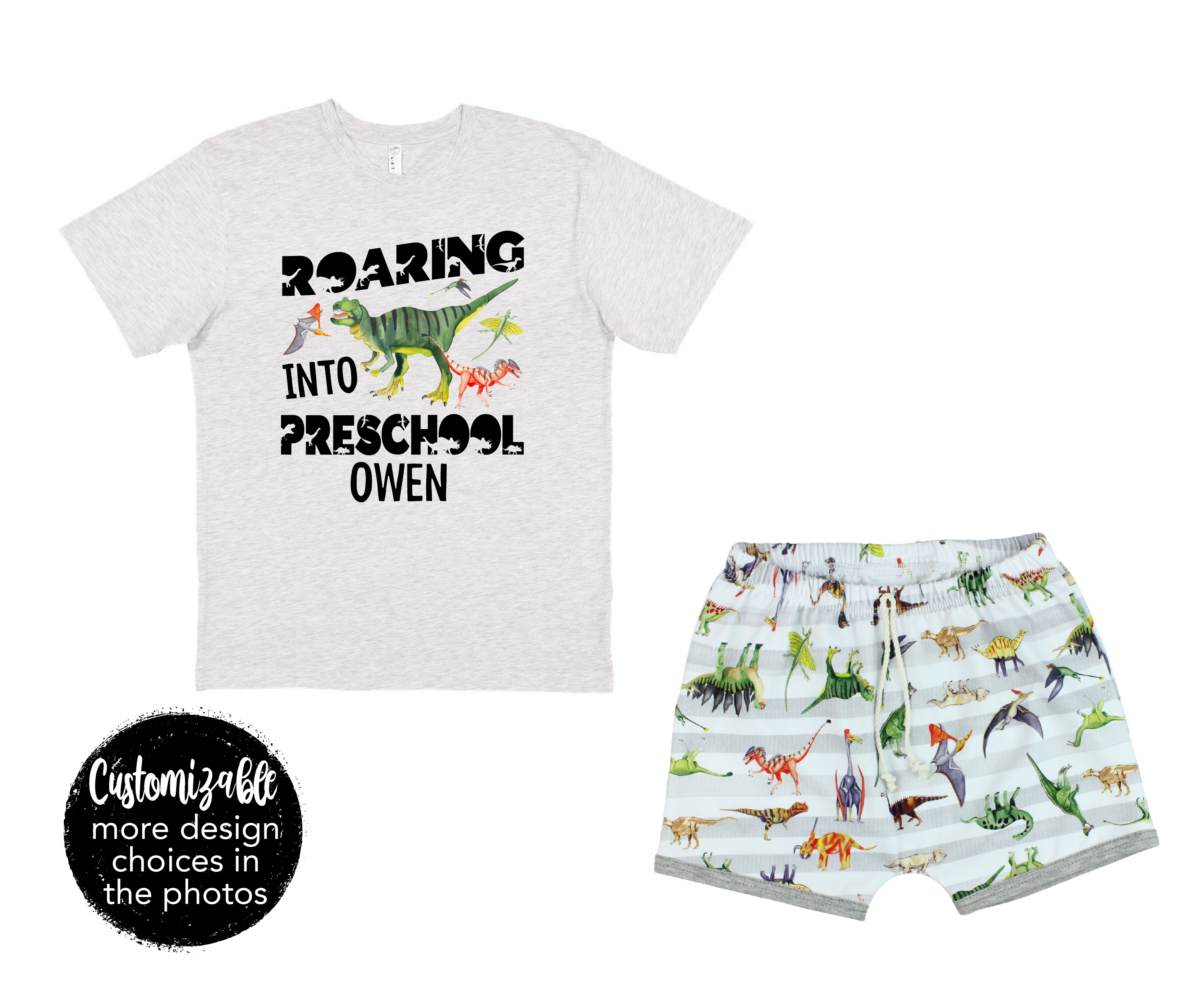 Roaring into Preschool Boy Dinosaur Short Outfit Custom School Grade Tee