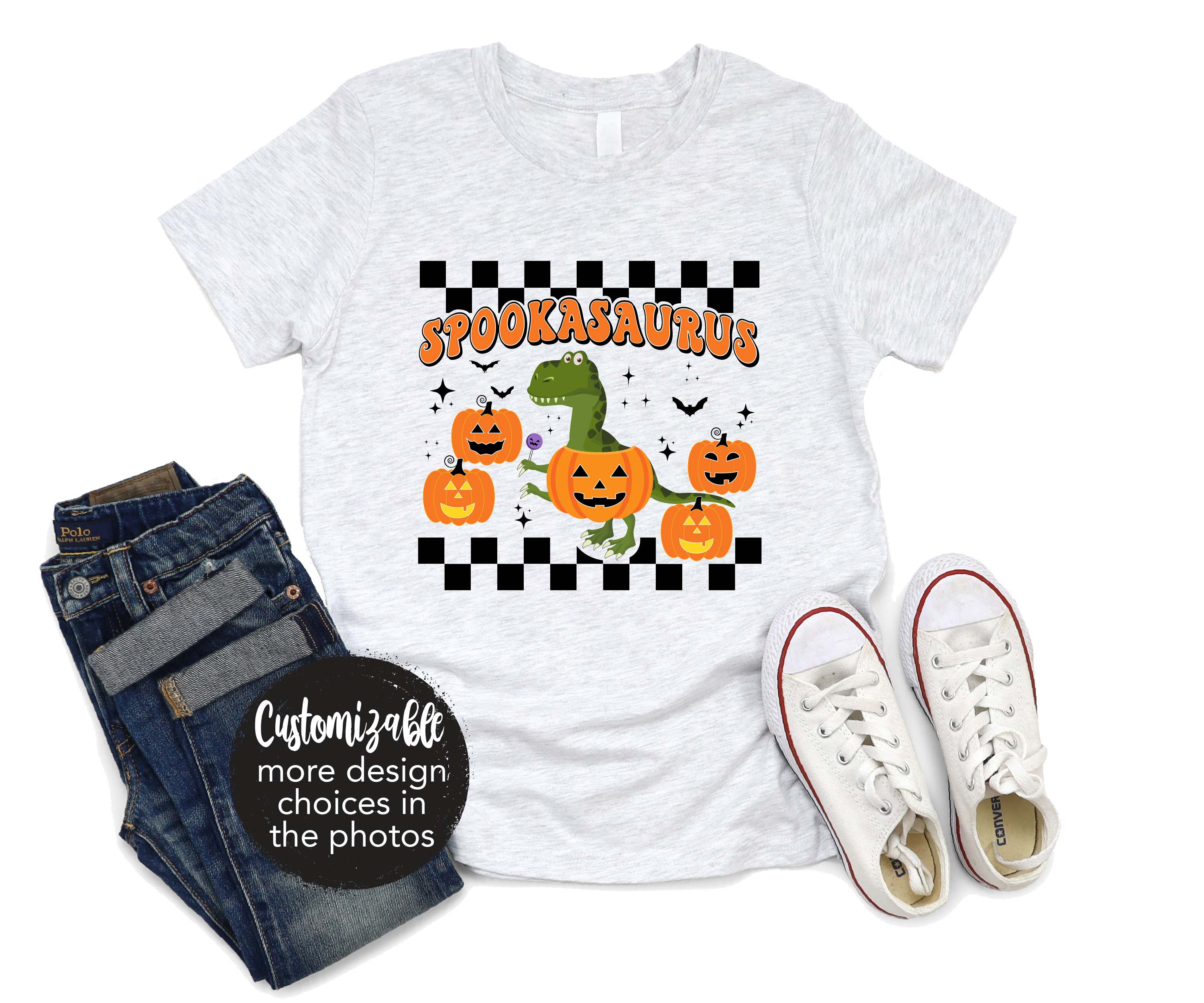 Spookasaurus Boy Fall Dino Gray Fall Halloween Shirt
