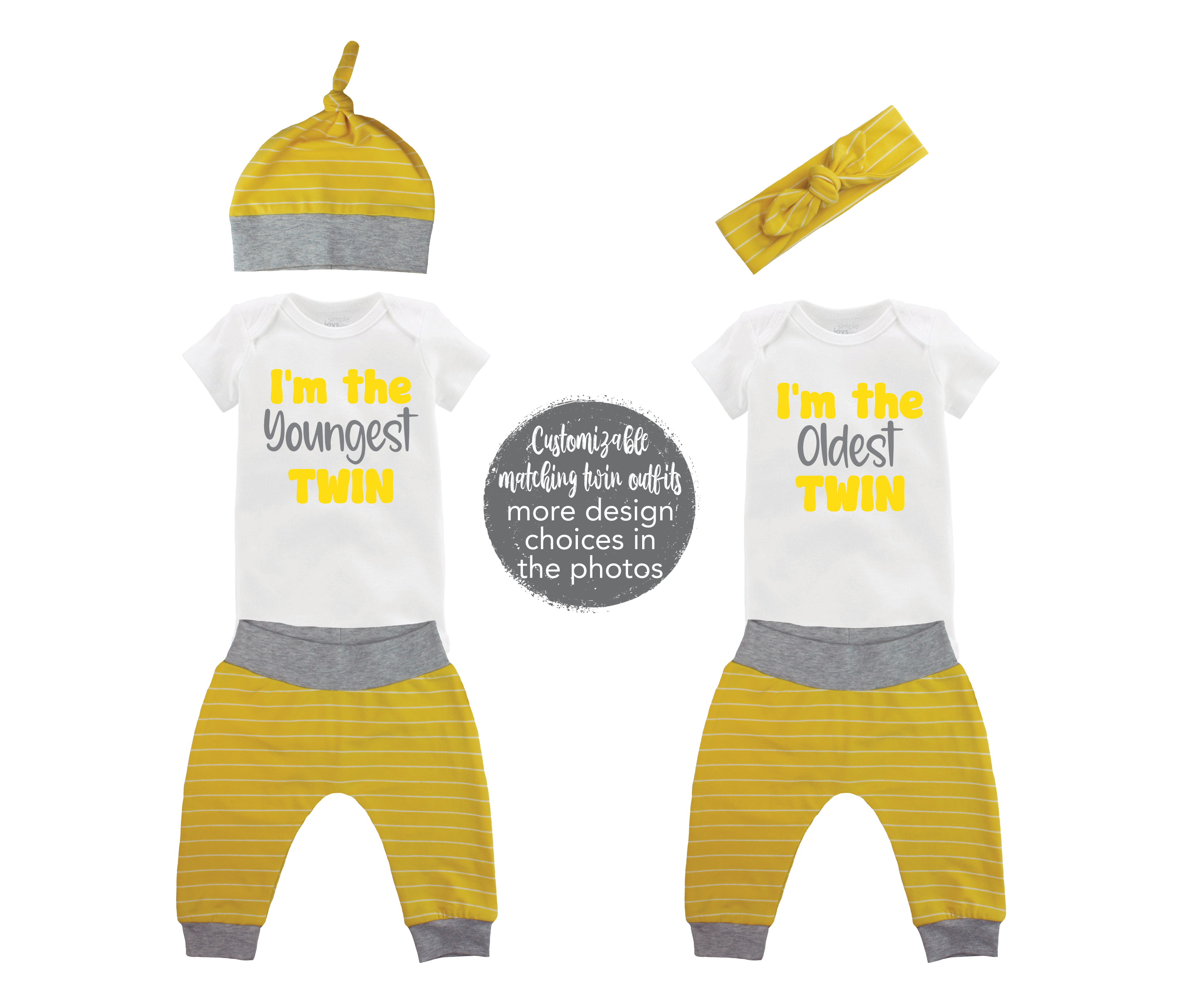 Womb Mates Twin Unisex Yellow Stripe Outfit Dynamic Duo Oldest Youngest Friends Forever Baby Coming Home Outfit