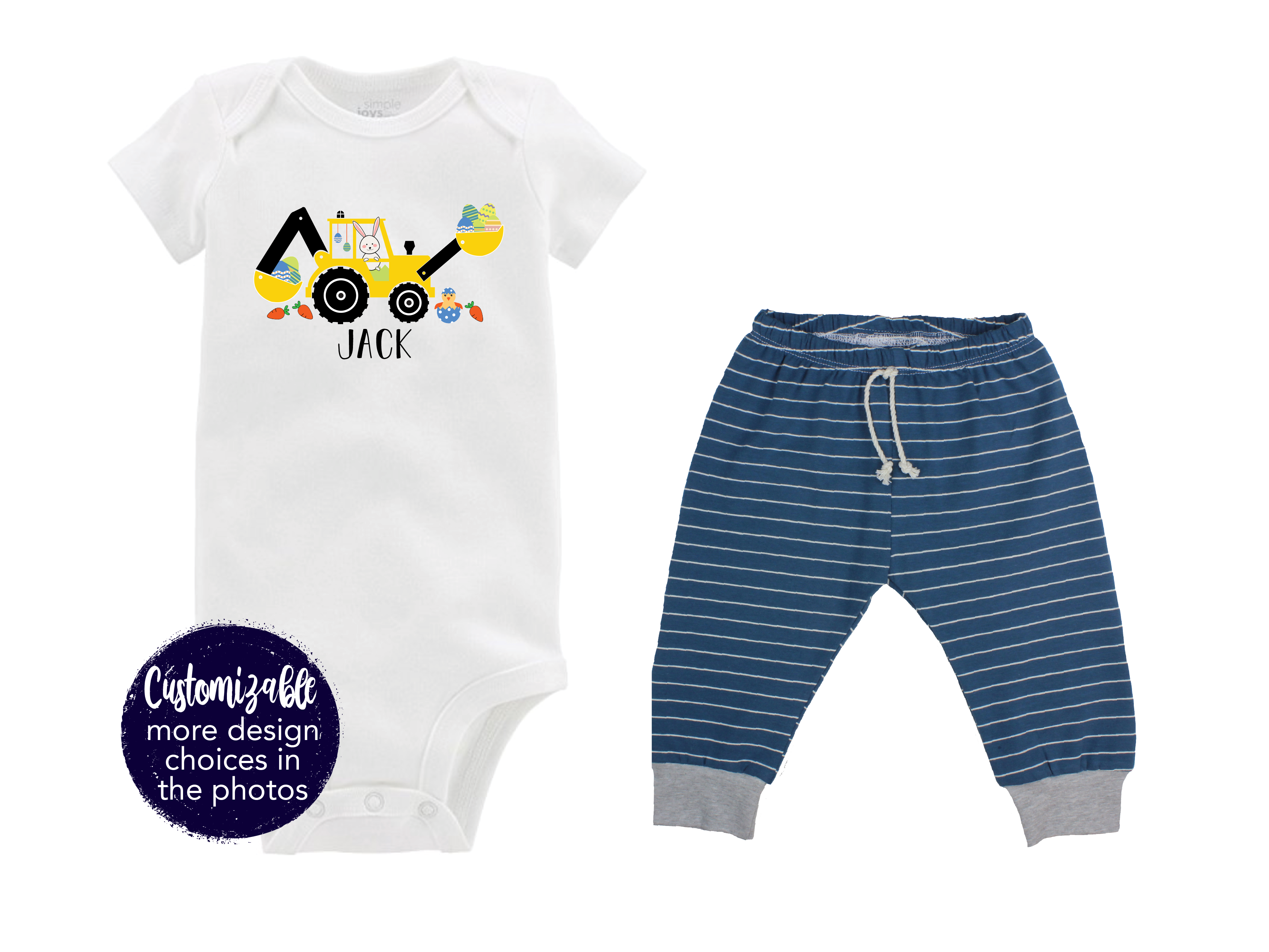 Easter Digger Outfit Stripe Pant Backhoe Egg Baby Boy Outfit