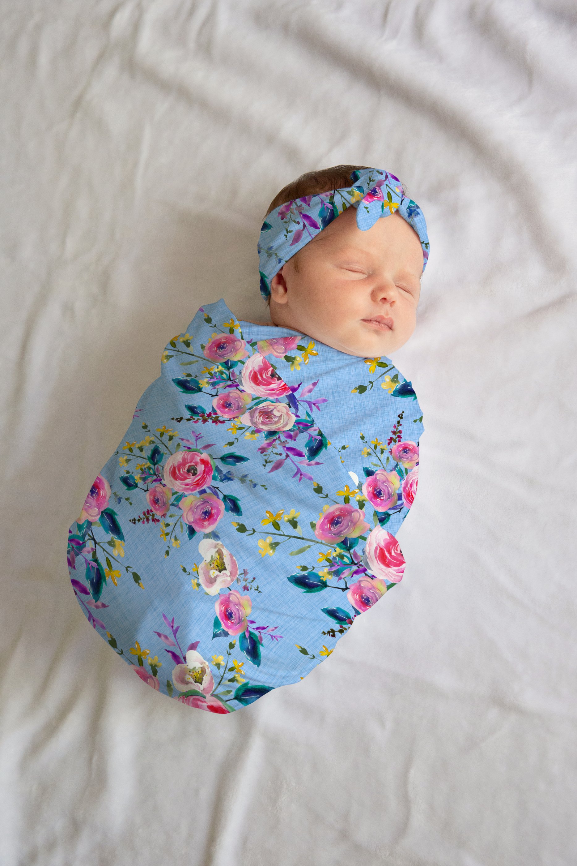 Blue Linen Floral Baby Girl Outfit
