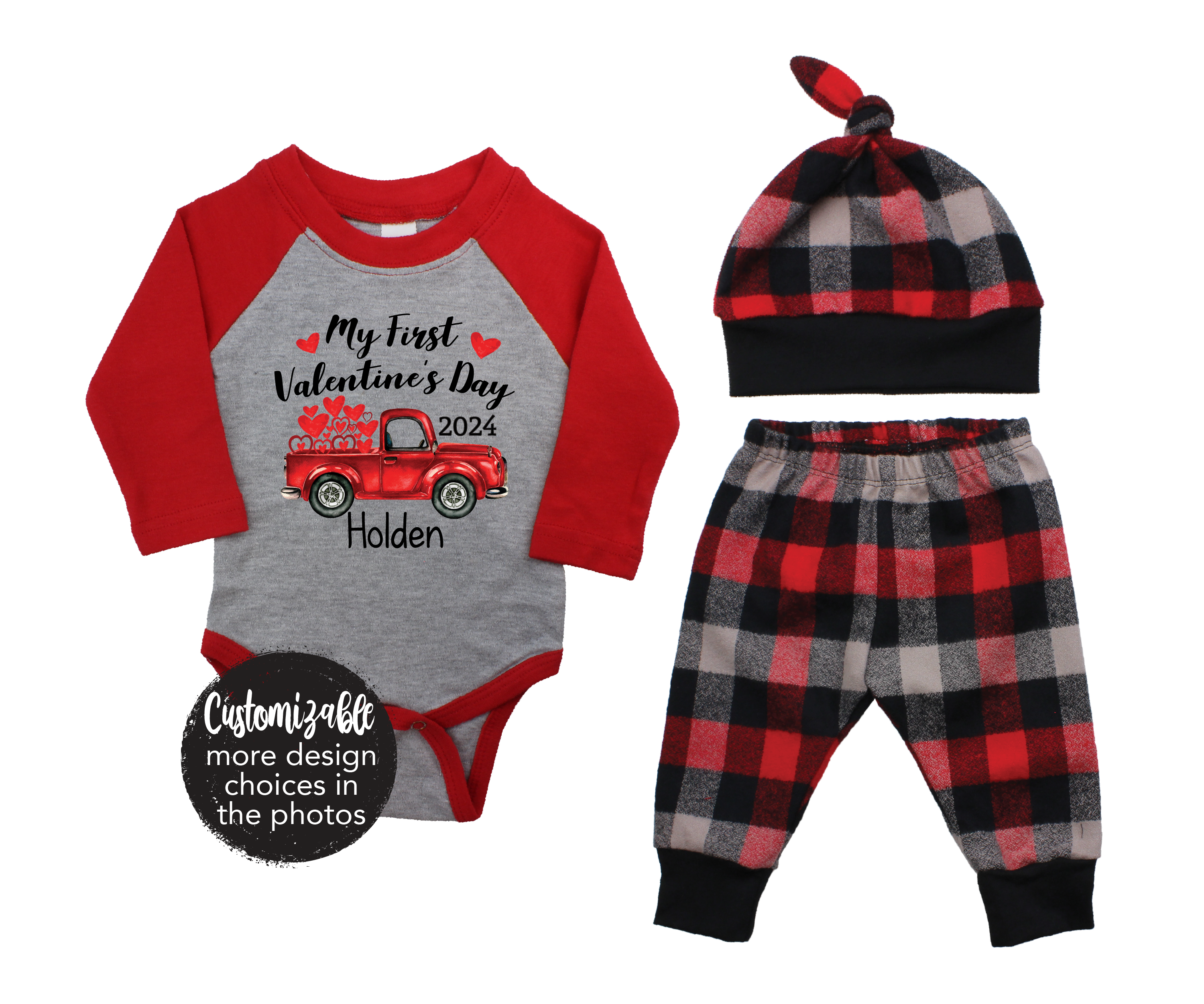 My First Valentine's Day Black Red Gray Flannel Boy Outfit