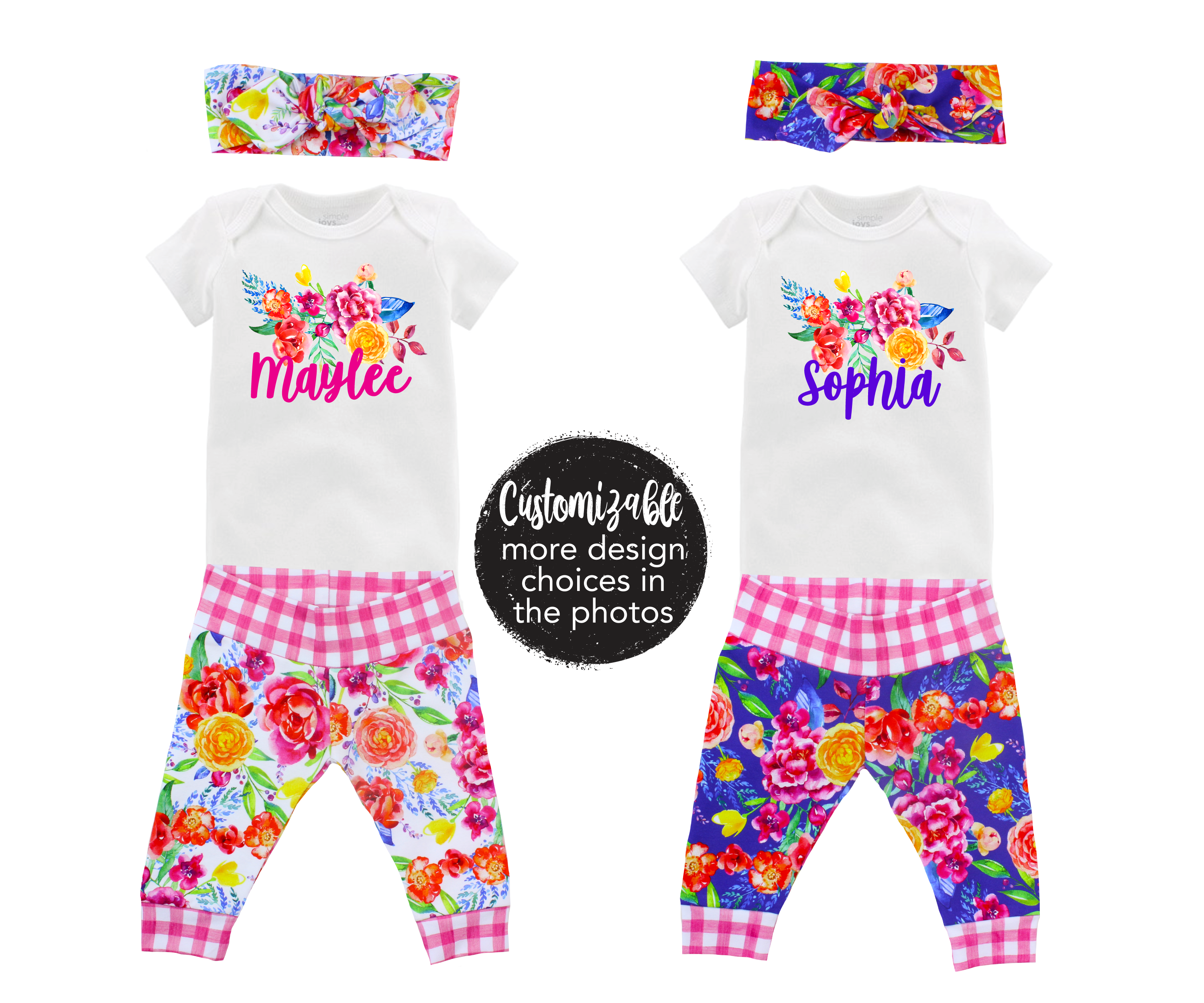 Personalized Summer Floral Purple White Pink Gingham Spring Baby Outfit