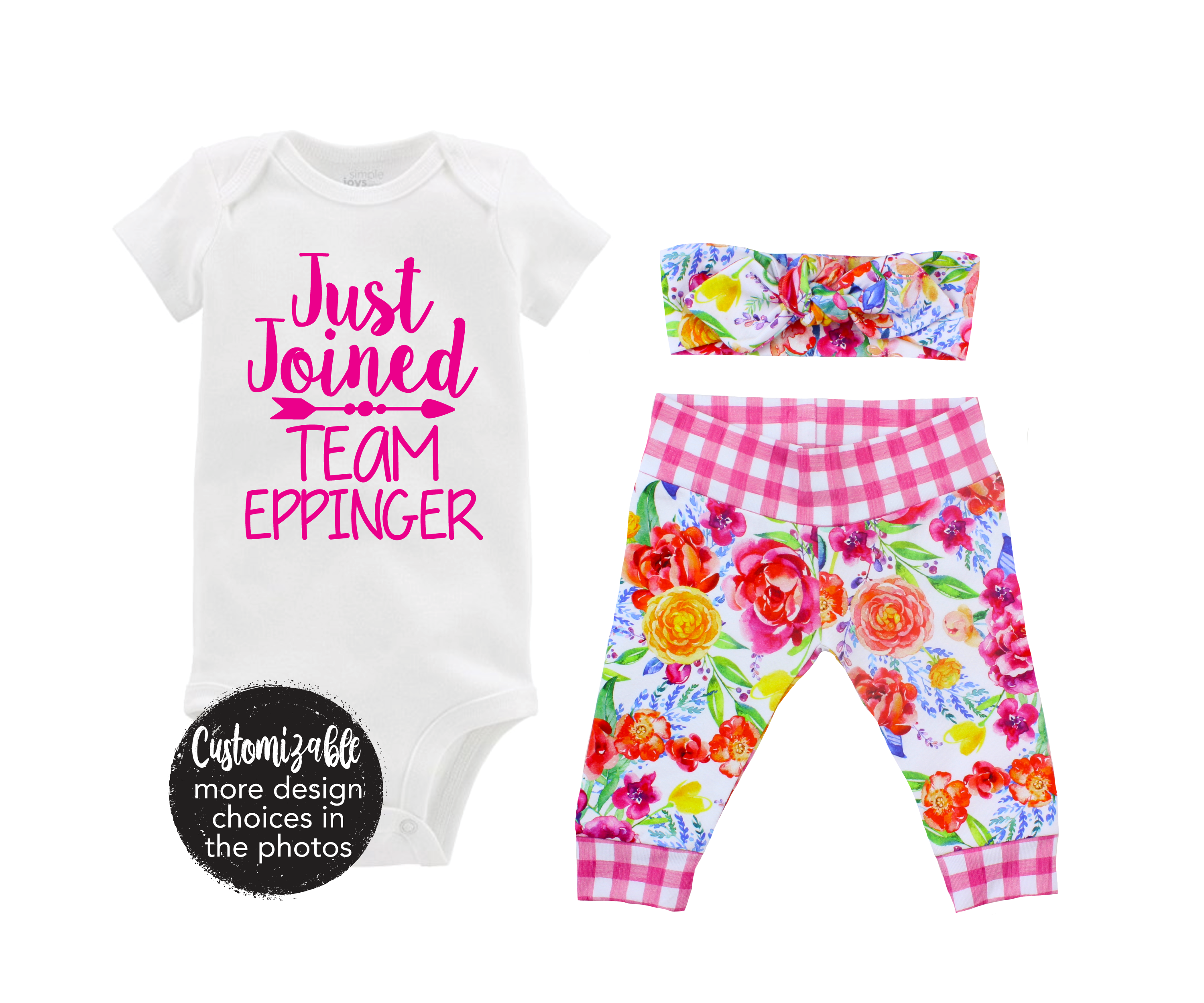Littlest Last Name Personalized Summer Floral Purple White Pink Gingham Spring Baby Outfit