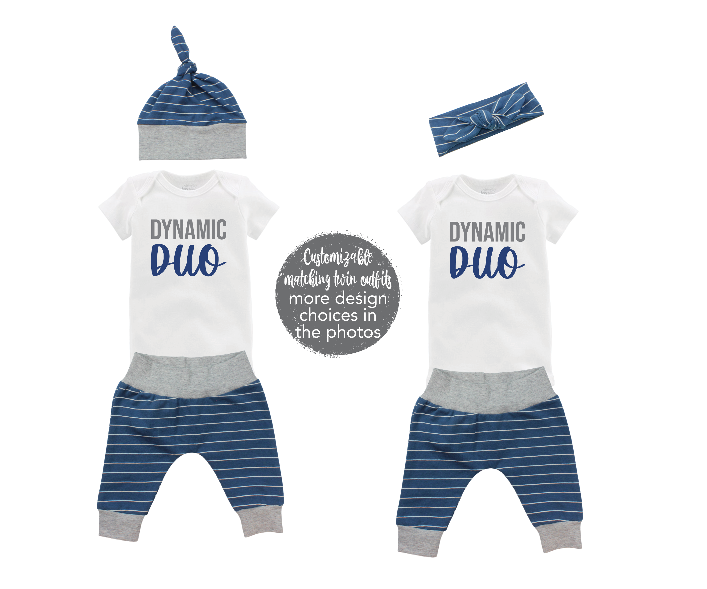 Dynamic Duo Twin Boy Blue Stripes Outfit Oldest Youngest Friends Forever Baby Coming Home Outfit